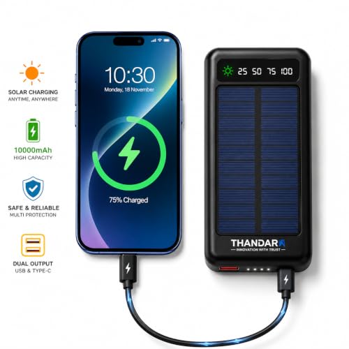 Image of THANDAR 10000mAh Solar Power Bank | Dual USB Output, Type-C Fast Charging Input, LED Torch, Emergency Solar Charging