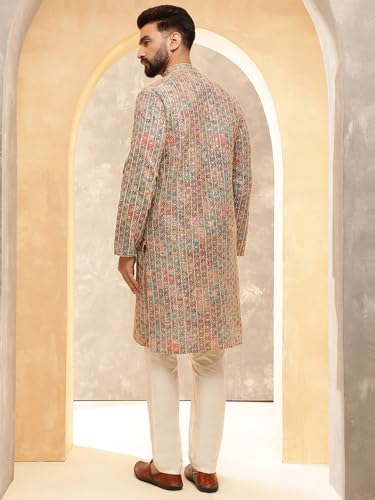 Sojanya (Since 1958 Men'S Cotton Silk Gold Thread Floral Embroidered Kurta With White Pyjama4