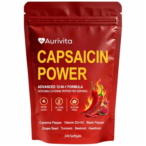 Aurivita Capsaicin Softgels Gut Health & Digestive with Cayenne Pepper Vitamin D3 & K2 Beetroot Grape Seed & Botanical Extracts 240 Capsules (1pc)