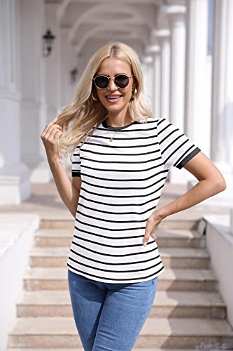 Womens T Shirt Short Sleeve Crew Neck Basic Color Block Tee Tops #TOP1