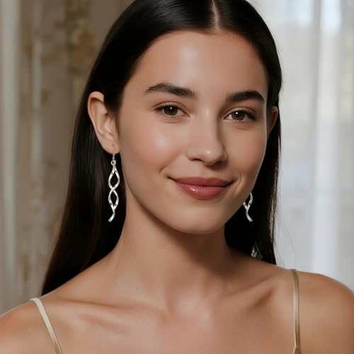 925 Sterling Silver Long Dangle Earrings Hypoallergenic 14k Gold Plated Double Linear Twisted Dangling Drop Earrings for Women Trendy Statement Elegant Leverback Earring for Women Jewelry Gifts4