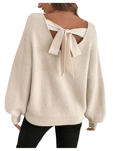 Image of GORGLITTER Women's Bow Fall Sweaters 2025 Cable Knit Chunky Oversized Long Sleeve Backless V Neck Pullover Tops