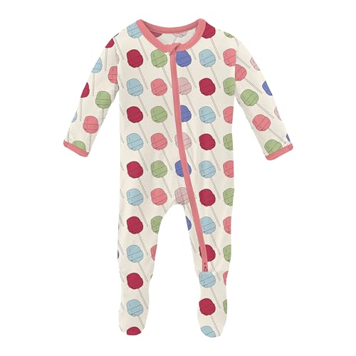 KicKee Print Footie with Zipper, Fitted Long Sleeve Pajamas, Ultra Soft Everyday One-Piece Loungewear, 90s (Lula's Lollipops - 12-18 Months)