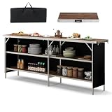 COSTWAY 81' Folding Picnic Table, Portable Bar Table with Carry Bag, Lightweight Aluminum Food Prep Station with 2 Shelves, Quick Set-up, BBQ, Party, Backyard, Brown