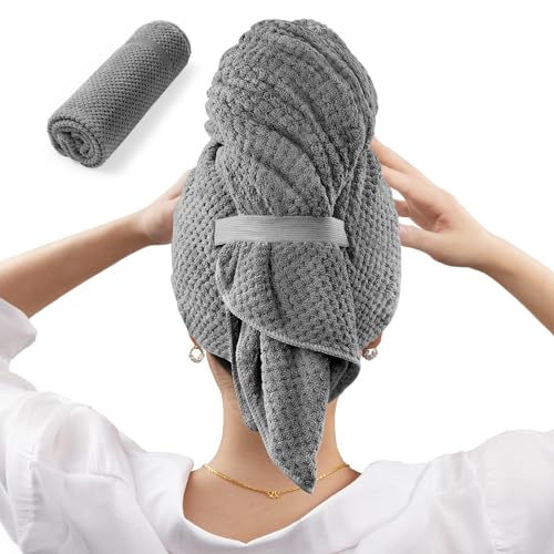 AquaFalcon Large Microfiber Hair Towel Wrap for Women Anti Frizz Hair Drying Towel with Elastic Strap Fast Dry | Super Absorbent | Quick Dry Hair Turban for Wet Curly Long & Thick Hair -Gray