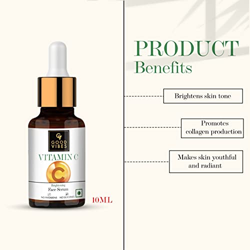 Good Vibes Vitamin C Brightening Face Serum For Glowing Skin | Lightweight Moisturizing Serum For All Skin Types | Helps Clear Dark Spots & Pigmentation | No Parabens & Sulphates (10 ml/0.34 Fl Oz)