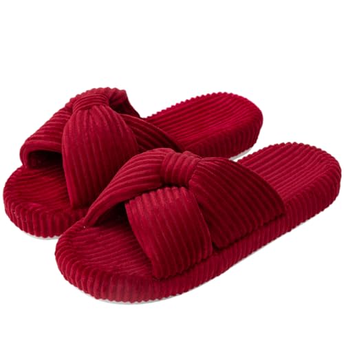 Csfry Womens Memory Foam Slippers High Elasticity Thick Sole Cross Bow Open Toe House Slides Red US7-8