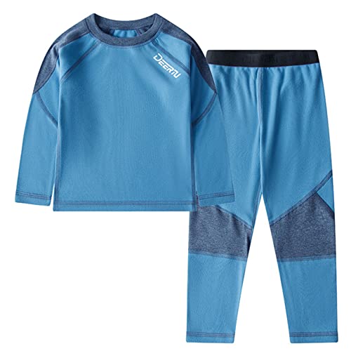 MSemis Thermo-Unterwäsche Set für Kinder Unisex Warme Wäsche Langärmligem Rundhalsausschnitt Oberteil + Langer Unterhose Leggings Kinderset Blau 98-104