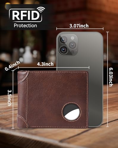 Image of Swallowmall AirTag Wallet Mens RFID Blocking Genuine Leather Bifold Men's Wallet For air tag with 2 ID Window 10 Card Holders Removable Card Slot Taxes Brown(Airtag Not included)
