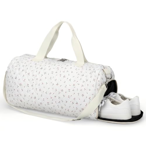 Dansydaisy Little Cherry daisy Quilted Duffle Bag for Women Cotton Dance Bag with Adjustable Carry Strap and Handy Pouch Floral Backpack for Dancers