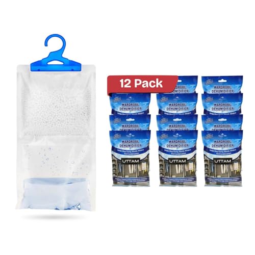 UTTAM Wardrobe Dehumidifier Hanging Bags Bulk Pack, Condensation, Dehumidifiers for Damp, Mould, Moisture Absorbers, Bedroom, Caravan, Bathroom, Basement, Office (210g Each) (Pack of 12)