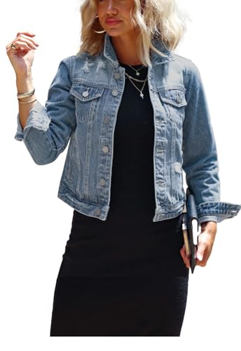 JayscreateEU jeansjacke damen kurz Denim Jacke jeansjacke sommer jeansjacke lange Ärmel Umlegekragen oversize Jeansjacke mit Taschen Jean Herbst Mantel Outwear ，Grau，L
