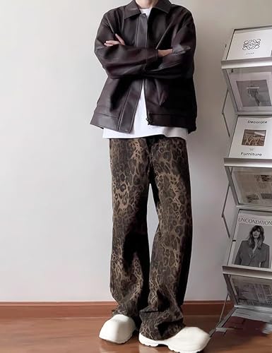 Mens Leopard Print Baggy Jeans Y2K Grunge Vintage Cheetah Pants Straight Legs Hip Hop Jeans3