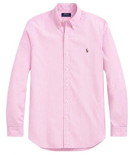 Image of POLO RALPH LAUREN Custom Fit Striped Linen Shirt (UK, Alpha, M, Regular, Regular, Pink Stripe)