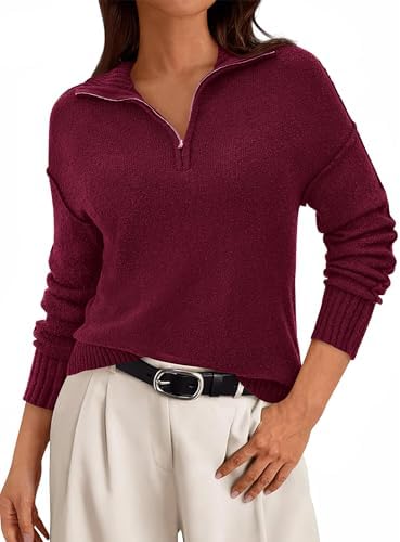 PRETTYGARDEN Women's Fall Quarter Zip Pullover Sweaters 2025 Dressy Casual Long Sleeve V Neck Collared Knit Jumper Tops