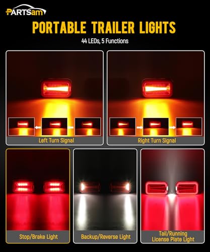 Image of Partsam Wireless LED Trailer Light Kit 4000mAh Battery, Portable Magnetic Rectangle Stop Turn Reverse License Towing Tail Lights w /Metal Bracket 7-Pin Plug for Trucks Trailers 12-24V IP67 Waterproof