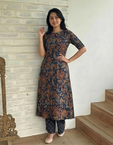 Image of ANNI Designer Women's Rayon Viscose Straight Printed Kurta with Palazzo | Elbow Length Sleeve Kurti Set | Close Neck with Back Slit | Soft Comfortable Fabric | 2 Piece Outfit