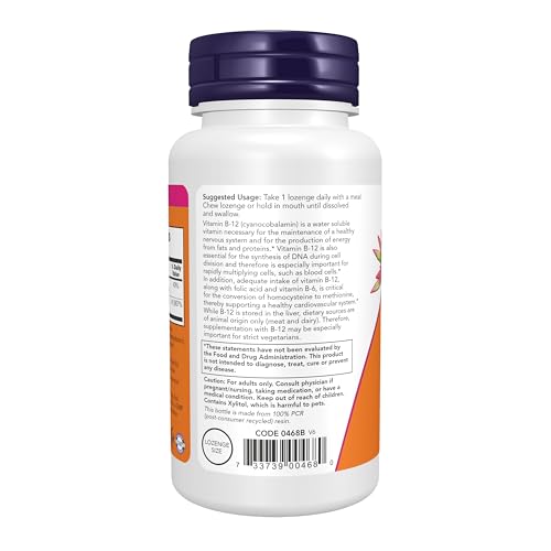 Image of NOW Foods Supplements, Vitamin B-12 1,000 mcg with Folic Acid, Nervous System Health*, 250 Chewable Lozenges