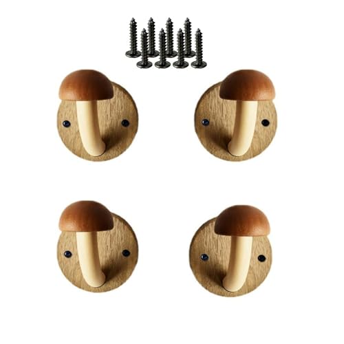 Auntzyj Fun Wooden Mushroom Coat Hook with Expansion Screws, Coloured Solid Wood Towel Hook Mushroom Wall Hook, Perforated Wall Hanger Hooks Set (Brown, Pack of 4)