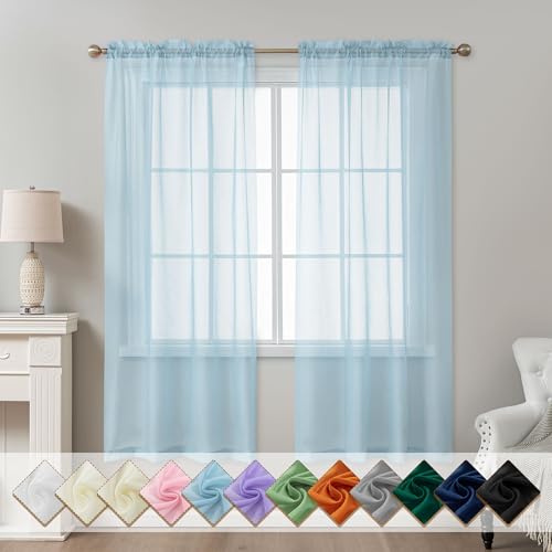 Image of Blue Sheer Curtains 72 Inches Long, Privacy Semi Sheer Curtains for Living Room Bedroom, Light Filtering Rod Pocket Voile Window Drapes 2 Panels Set, Each 42 inch W x 72 inch L