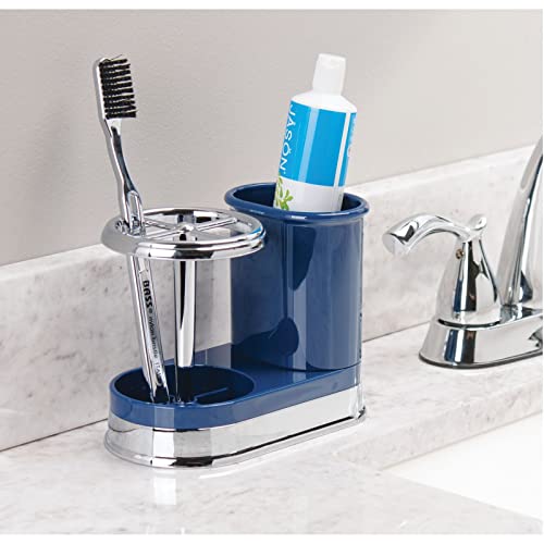 Mdesign Decorative Bathroom Dental Storage Organizer Holder Stand For Electric Spin Toothbrush/Toothpaste - Compact Design For Countertop And Vanity, Holds 4 Standard Brushes - Navy Blue/Chrome #TOP2