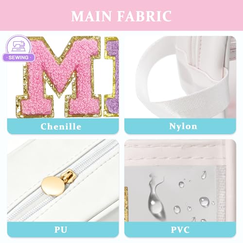 Image of COSHAYSOO Clear MISC Makeup Bag Miscellaneous Stuff Organizer, Small Preppy Chenille Letter Patch Cosmetic Zipper Pouch, Toiletry Make Up Travel Purse Gifts for Teen Girls Women Daughter Sister