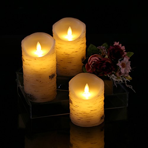 Flameless Candles with brich Effect 4" 5" 6" Set of 3 Dripless Real Wax Pillars Include Realistic Dancing LED Flames and 10-Key Remote Control with 24-Hour Timer Function -AntizerTM
