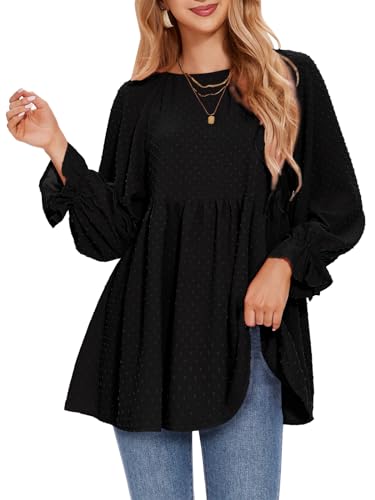EXLURA Womens Fall Long Sleeve Loose Blouses Swiss Dot Babydoll Shirts Dressy Casual Peplum Tunic Tops Trendy Outfits 2025