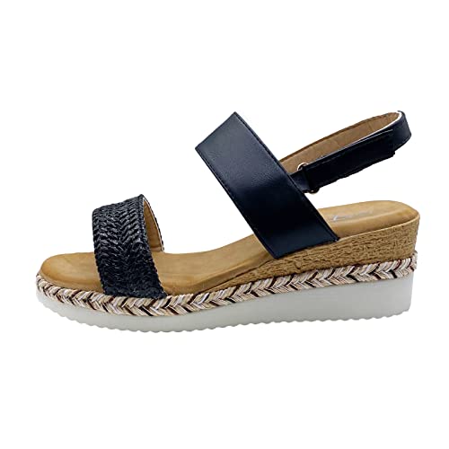 Sandalias con cuña mujer Trenzado de paja Comfort Zapatos de verano con plataforma y punta abierta para las mujeres, Negro , 41 EU Cover