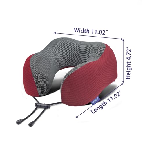 napfun Neck Pillow for Traveling, Upgraded Travel Neck Pillow for Airplane 100% Pure Memory Foam Travel Pillow for Flight Headrest Sleep, Portable Plane Accessories, Wine-Red Set, Medium (120-200LB)