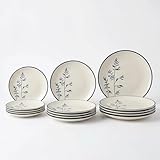 SANTA CLARA | Vajilla Completa 12 Piezas Porcelana Premium para 4 Personas, Apta Microondas y Lavavajillas, Vajilla Asami Decorada Forma Coupe para Hogar y Cocina