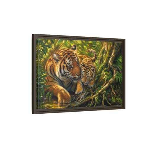 Tableau tigre grand format cadre espresso pour mur vide salon