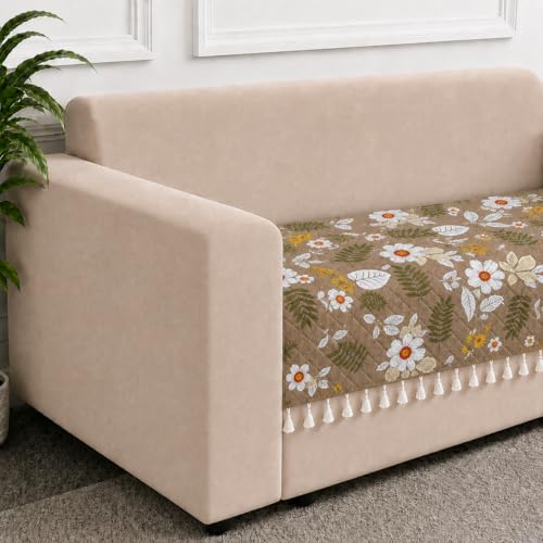 Image of STITCHNEST 'Frostvine Collection' 1 Seater Sofa Cover| Cotton Quilted Fabric, Decorative Tassels, Washable & Durable for Modern Living