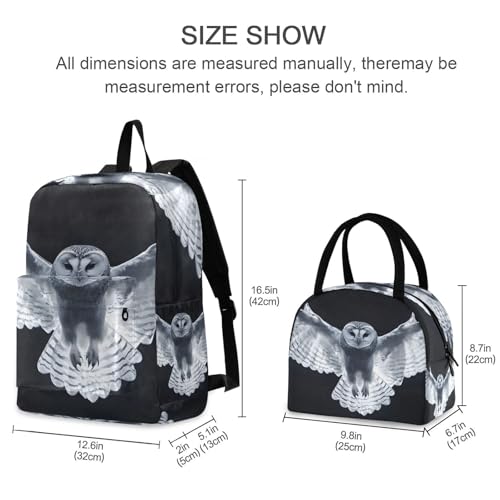 White Owl Print Backpack Set with Lunch Bag, Large Capacity Travel Backpacks and Lunch Box Insulated for Commute Hiking Picnic2