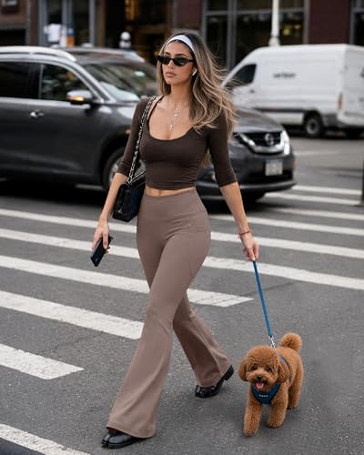 Image of COPYLEAF Womens Yoga Pants with Pockets High Waisted Flare Leggings Bell Bottom Yoga Dress Pants Seamless Bootcut Pants
