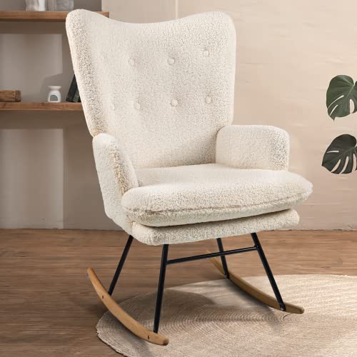 Waleaf Rocking Chair Nursery Teddy Upholstered Glider Rocker Rocking Accent Chair Padded Seat With High Backrest Armchair Bedroom Chair (White) #TOP23