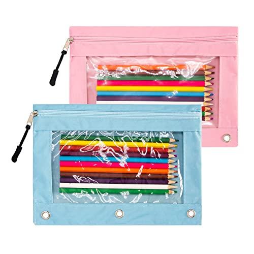 Kbd Pencil Pouch 3 Ring, Zipper Pencils Pouches Case Binder Bags With Clear Window For Storing Stationary, Cosmetic, Cards And Tickets (Blue+Pink) #TOP5