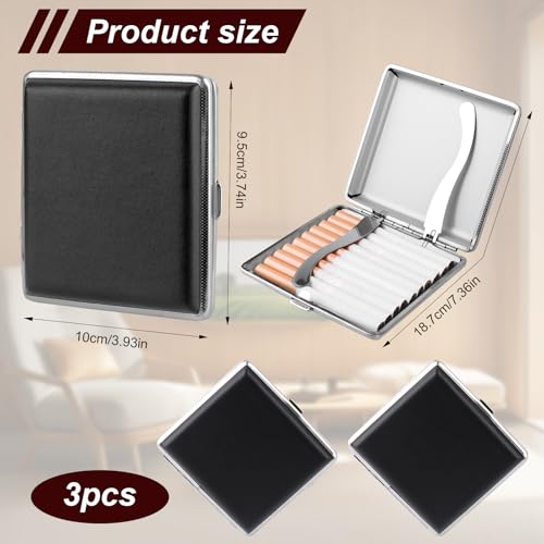 3 Stück Zigarettenetui Leder Metall,Zigarettenetui aus Leder und Metall,PU Zigarettenschachtel für 20 Zigaretten, Zigarettencase mit Schnappverschluss,Zigarettenbox für Hosen und Hemdtaschen