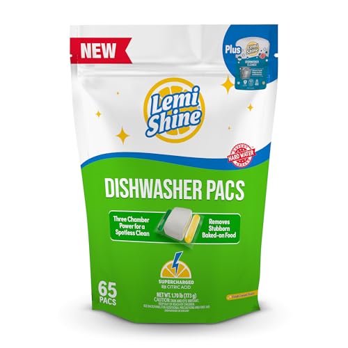 Lemi Shine Natural Dishwasher Detergent Pacs with Dishwasher Cleaner Pouch - Eco Friendly Cleaning Supplies - 31.8 oz (65 Count)
