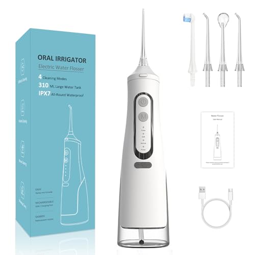 Oryzoom Hydropulseur, Hydropulseur sans fil pour un soin dentaire & buccal optimal, 5 modes & 4 embouts, Réservoir de 300 ml, Étanchéité IPX7, Jet dentaire pour gencives (Blanc)