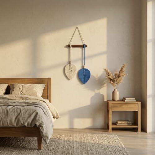 Image of AdFashionble Boho Macrame Wall Hanging Leaf Decor for Home, Living Room & Bedroom | Cotton Thread Art with Wooden Rod | Minimalist Handmade Wall Decoration | Aesthetic Nordic Wall Art for Home, Office & Gift Purpose Lenght- 58 cm Width- 15 cm (ROYAL BLUE & OFFWHITE)