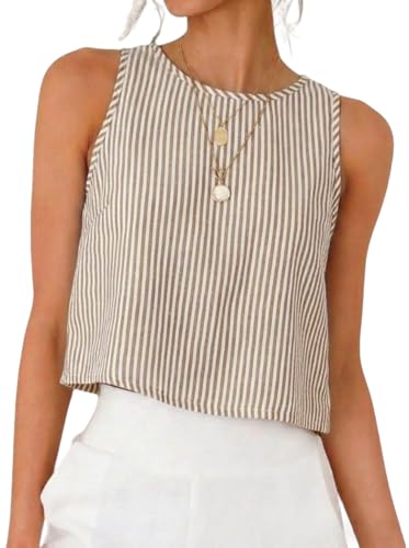 IDEALSANXUN Striped Tank Top for Women 2026 Cotton Linen Cute Crop Spring Summer Tops Sleeveless Shirts Blouses Beach Vacation Clothes Striped Khaki M