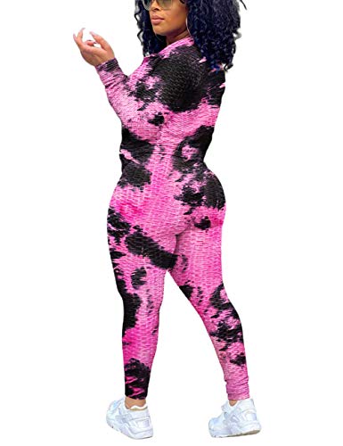 Jogging Sets For Women 2 Piece Tie Dye Outfits Long Sleeve Full Zip Jacket And Skinny Pants Tracksuit Set Black Pink Xl #TOP2