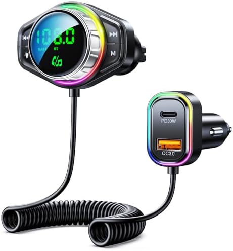 Transmetteur FM Bluetooth Voiture, Adaptateur Bluetooth 5.0 Voiture Emetteur pour Kit MP3 sans Fil à Charge Rapide PD 20W Type C QC3.0 2 Ports USB Appels Mains Libres Support USB/Carte TF