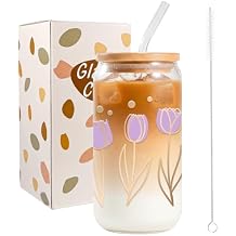 JEKUGOT Pink Tulip Glass Cup, Floral Themed Iced Coffee Cup, 16oz Cute Glass Cups with Lids and Straws, Tulip Gifts for Women Girls, Friends, Mom, Valentines Aesthetic Tumbler