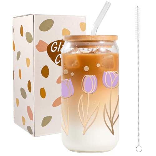 JEKUGOT Pink Tulip Glass Cup, Floral Themed Iced Coffee Cup, 16oz Cute Glass Cups with Lids and Straws, Tulip Gifts for Women Girls, Friends, Mom, Valentines Aesthetic Tumbler