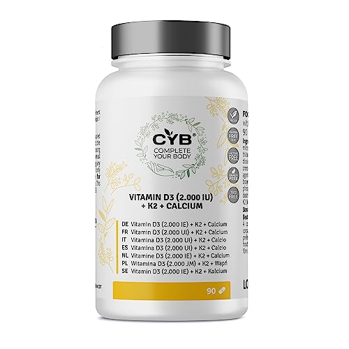 CYB | Vitamine D3 2000 IU 50µg - Vitamine K2 80µg - Calcium 500mg - 90 Comprimés pour 3 Mois - Vitamines - Supplément Multivitaminé Quotidien - Produit Végétarien - Facile à Avaler