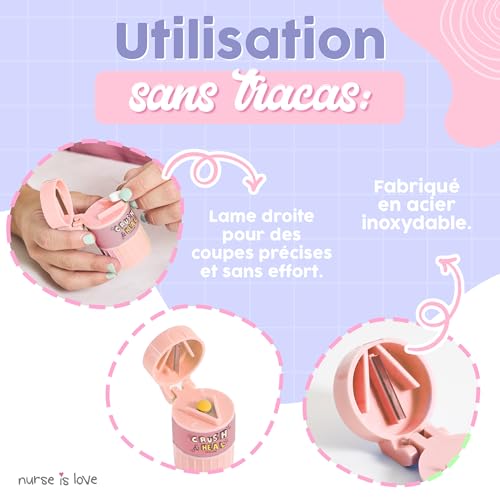 Nurse Is Love 3 en 1 - Ecrase Cachet + Coupe Comprimé + Pillulier | Coupe Medicaments + Pillulier Voyage + Ecraseur | Compact Idéal pour Pochette, Trousse de Secours | Accessoires Infirmière | Rose – vue 4