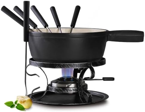 Artestia Cast Iron Fondue Pot Set for Cheese & Chocolate, Fondue ...
