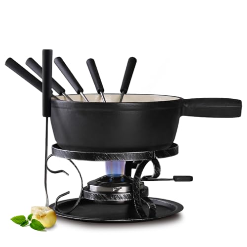 Artestia Käsefondue-Set aus Gusseisen, traditionelles Schweizer Gusseisen-Fondue-Set für Käse, Fleisch und Schokolade (schwarz matt)